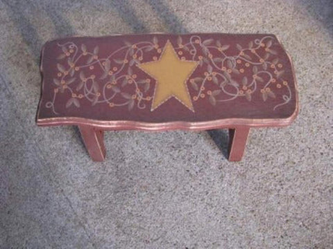 Primitive Wood Stool 60276S - Burgundy stool with  gold star vines & berries