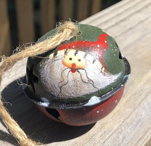66283 - Santa green metal Bell Ornament with Red Hat