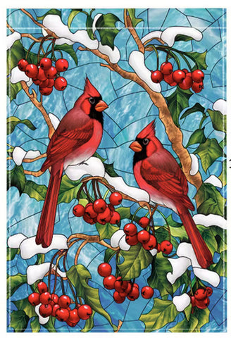 JL7387939  Stained Glass Cardinal & Holly Berry Garden Flag - Double-Sided