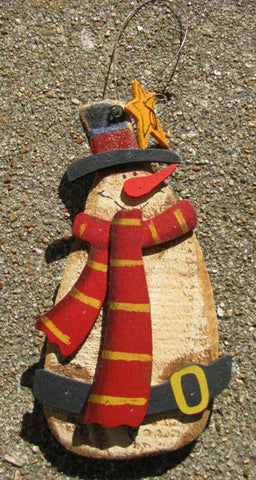 84014SN - Snowman wood Ornament top hat red/gold scarf
