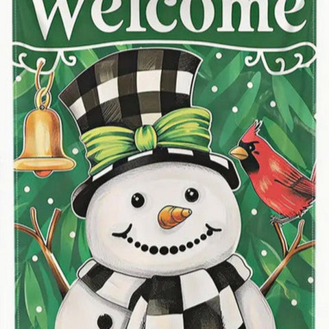 KU211370 Welcome Snowman with cardinal bird and buffalo check double sided