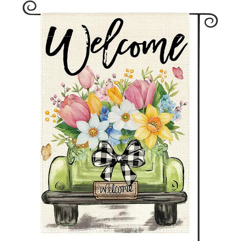 FC929521 Double-Sided Spring Tulip Garden Flag Featuring a Rustic Flower truck