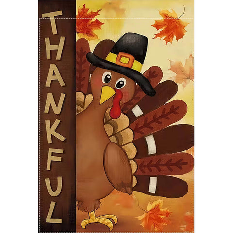 KX3455666 Thanksgiving Garden Flag - Turkey in Hat with Autumn Leaves