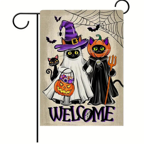 JY185337 Halloween Garden Flag - Double-Sided Welcome black cats ghost pumpkins