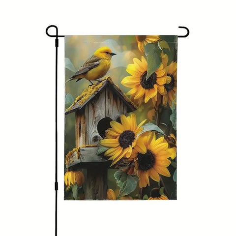 UJ74597 Goldfinch Birdhouse and Sunflower Garden Flag, Double sided - polyester