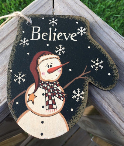 WL020 Believe Snowman Mitten wood Christmas Ornament