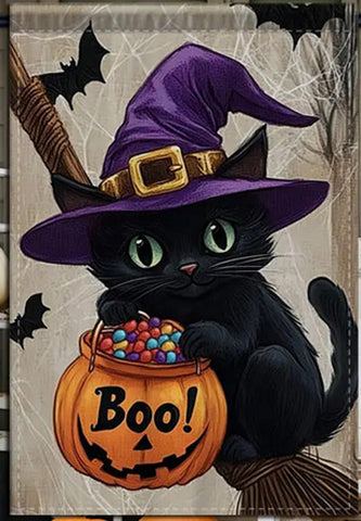 LV6490534 Double-Sided Gothic Black Cat & Witch Hat Garden Flag with Bats & Cobw