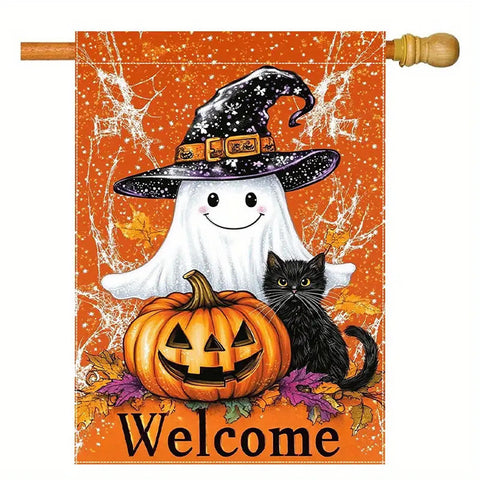 MP3622530 Halloween Welcome Sign - Double-Sided Garden Flag with Witch cat