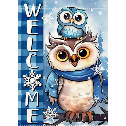 WU266678 Welcome Winter Owl Garden Flag - Double-Sided Polyester Burlap
