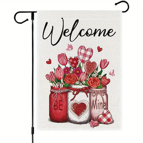 YY84989 welcome valentine vase love rose garden flag