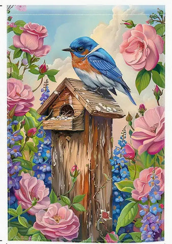 RT147819  Polyester Double-Sided Garden Flag with Bluebird and Floral Design