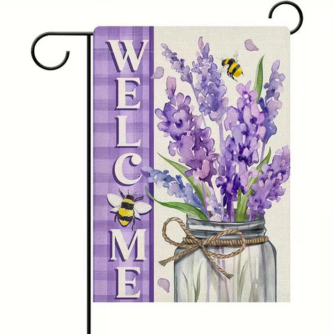 KW4079402 Lavender Garden Flag with Bee & Mason Jar- Purple Floral Welcome