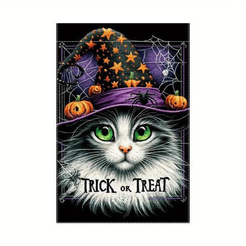 WC218724 Trick or Treat Cat  wizard hat pumpkins Garden Flag, Double Sided