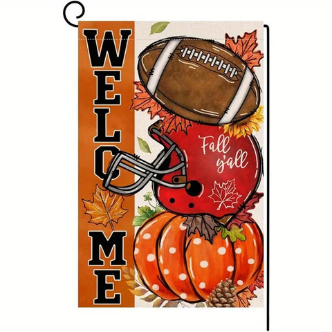 EQ147431 Autumn Thanksgiving Football & Pumpkin Garden Flag - Double Sided Linen