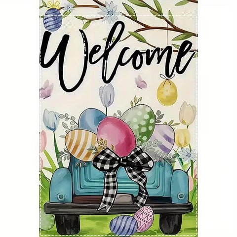 CA1910839 Charming Easter Garden Flag - Watercolor Truck with Eggs and Flowers