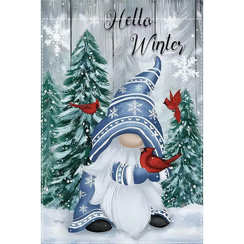 BX4658364  Hello Winter" Double-Sided Garden Flag-  Burlap, Cardinal and Snowfla