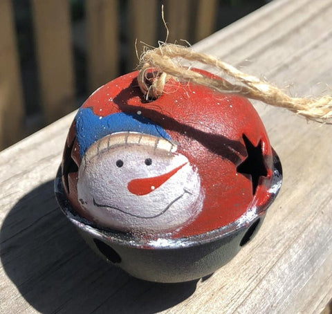 66283 - Snowman Red metal Bell Ornament with Blue Hat