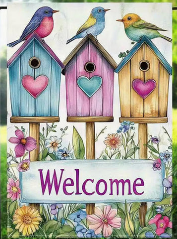 JA2370043 Double-sided Print, Garden Flag, Linen Material, Flower and Birdhouse