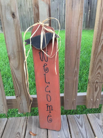 Fall Decor 607 Skinny Welcome Pumpkin with crow and Raffia