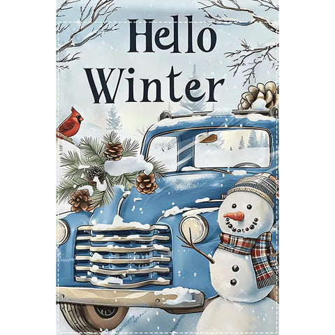 PM4099042 Hello Winter' Blue Truck and Snowman Garden Flag - Festive Double-Sid