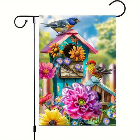 RE152832  Double-Sided Spring Garden Flag with Vibrant Birdhouses and Flowers