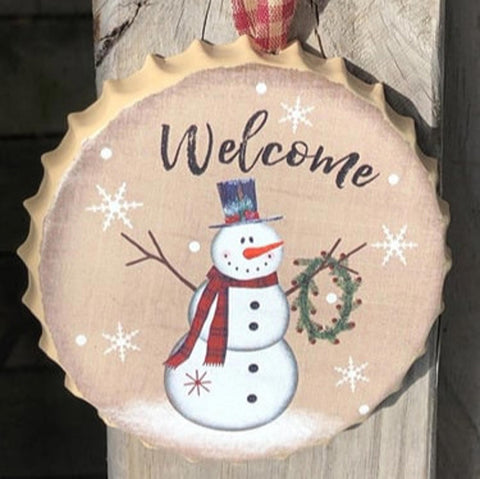 206-79107NB Welcome Snowman Metal Bottle Cap Ornament