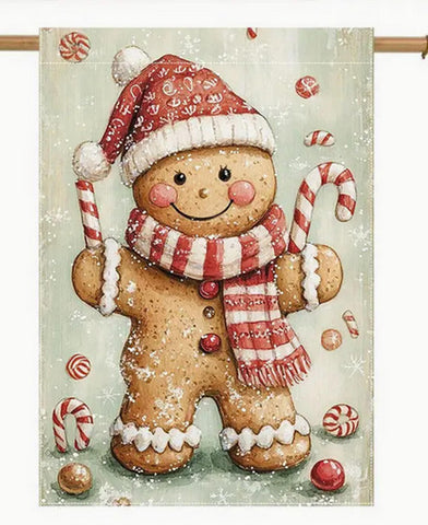 RN374260  Gingerbread Man with Christmas Hat & candy Cane Double-Sided Polyester