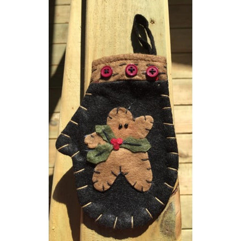 7D3915 - Christmas Felt Mittens Black with Holly and Gingerbread