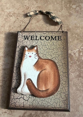 Welcome Cat 3-D Crackled wood sign