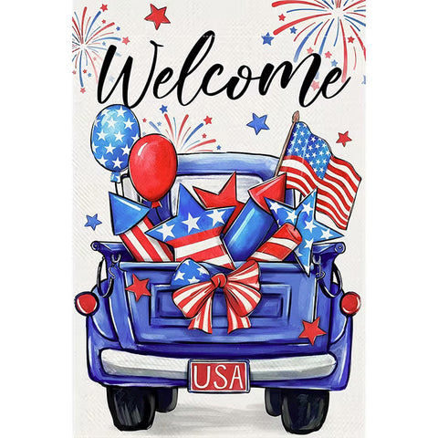 KM2090328 Patriotic July 4th Garden Flag - Charming Blue Truck with Fireworks &