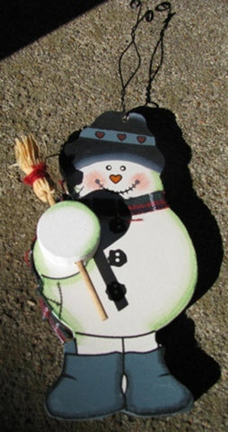 72 - Snowman with Broom wood christmas ornament