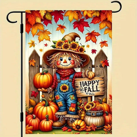 KA5145212 Double-Sided Autumn Garden Flag - Vibrant Scarecrow, Pumpkin & Maple