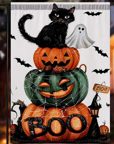 NU6244090 Halloween Garden Flag with Black Cat & Jack-O-Lanterns - Double-Sided
