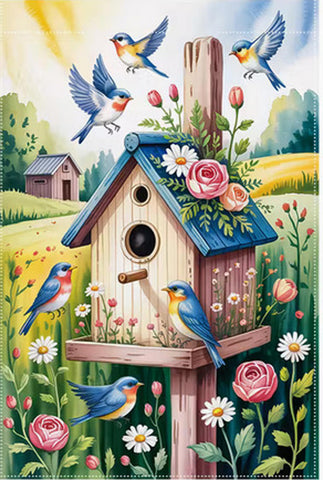 NF5556790  Double-Sided Polyester Garden Flag - Vibrant Birdhouse & Floral