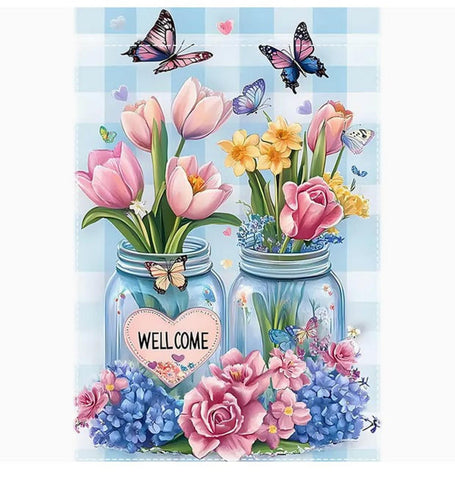 VQ690998 Spring Garden Flag - Double-Sided Polyester, Butterfly & Floral Design