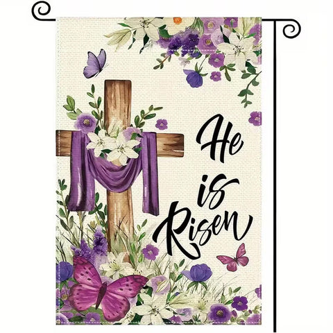 PN1649905 He is Risen Spring Garden Flag Double-Sided Purple Burlap