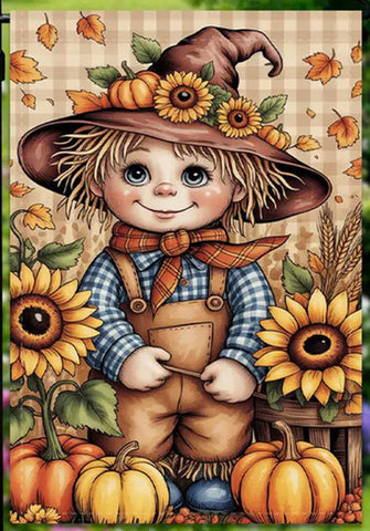 FD7003804 Autumn Harvest Garden Flag with Pumpkins, Scarecrow & Sunflowers