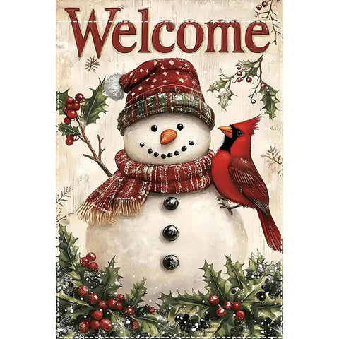 WN5593379 Festive Snowman & Red Cardinal Welcome Garden Flag - Durable Burlap