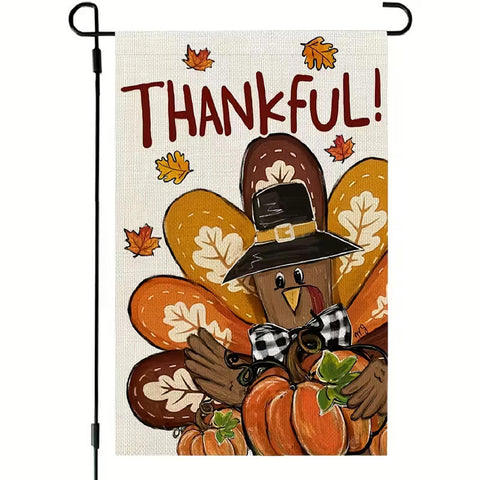 VH1973375  Double-Sided Linen Thanksgiving Garden Flag  - Whimsical Turkey