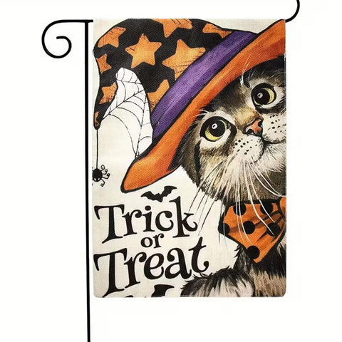 JK4673114 Halloween Cat Witch Hat Trick or Treat Flag - Double-Sided