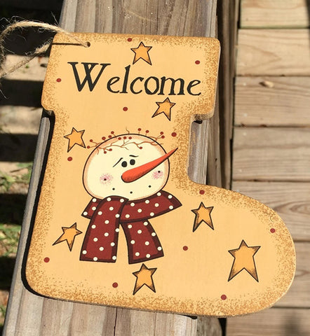 Primitive Wood 2388 Welcome Snowman Christmas Ornament