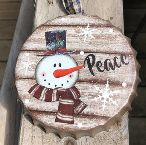 206-79107NB Peace Snowman Metal Bottle Cap Ornament