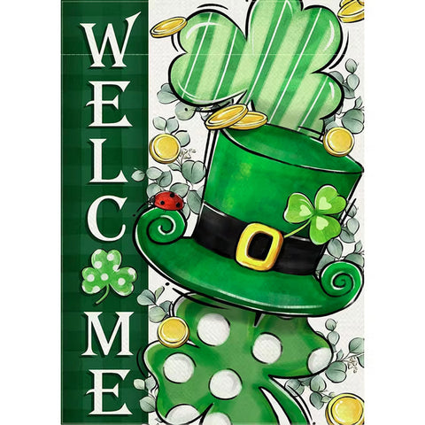UN10458005 Garden Flag Shamrock Clover with a Green Hat And Polka Dot Stripes