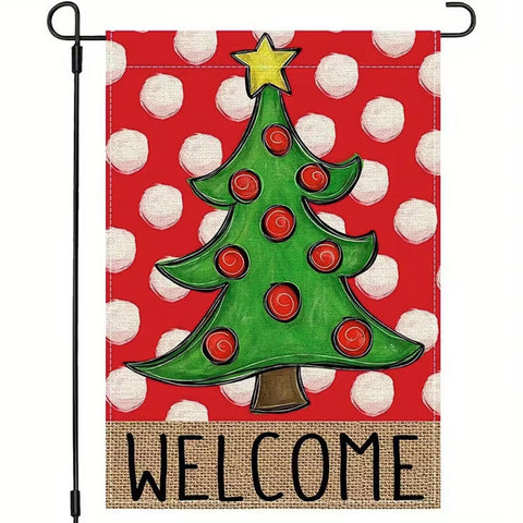 KX2458339  Double Sided, Welcome Christmas Tree Polka Dot Red Burlap