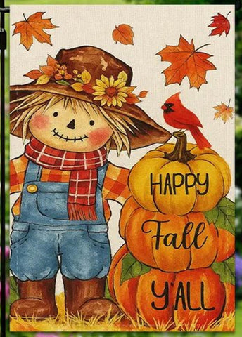 VQ7851721Scarecrow Garden Flag with Happy Fall Y'all Lettering & Plaid Bow Tie