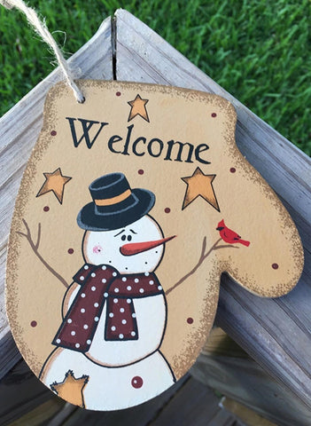 WL020 Welcome Snowman wood Mitten Christmas Ornament